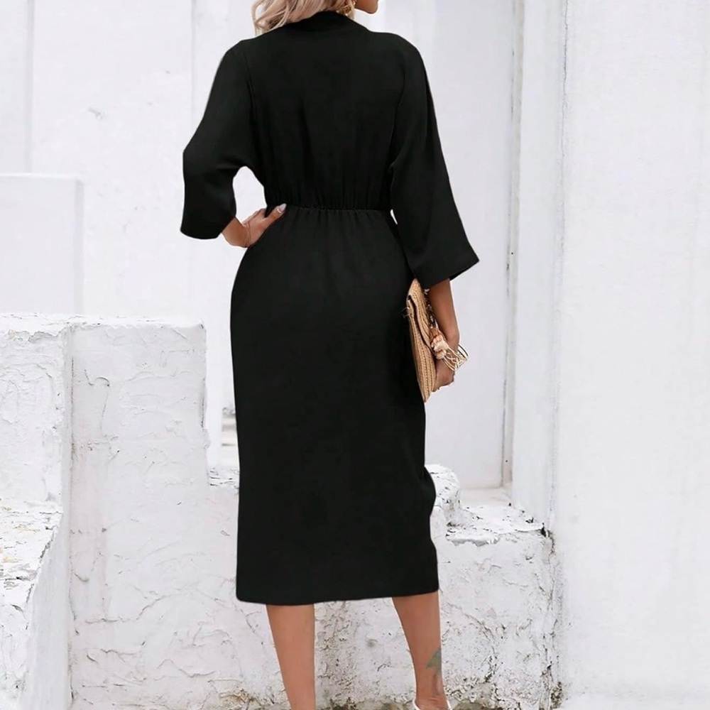 Summer Women's Casual Dress Solid Ruched Fitted Midi Black Dress - Picture 3 of 6